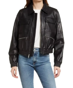Women Black Leather Bomber Jacket