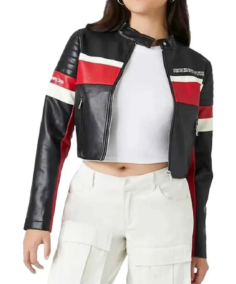 Women Cropped Red And Black Leather Jacket