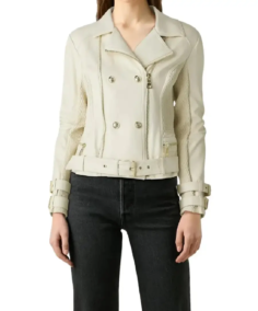 Women Double Breasted Dove White Leather Biker Jacket