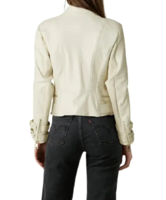 Women Double Breasted Dove White Leather Biker Jacket Back