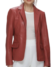 Women Modern Notch Lapel Red Leather Blazer