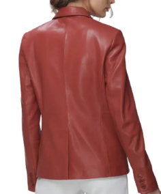 Women Modern Notch Lapel Red Leather Blazer Back