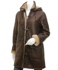 Women Sheepskin Brown Duffle Coat With Hood