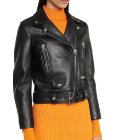 Women Slim Fit Belted Black Motorcycle Jacket
