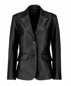 Women Two Button Black Leather Blazer