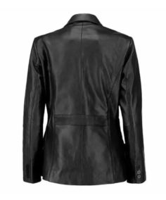 Women Two Button Black Leather Blazer Back