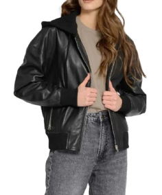 Women's Black Hooded Leather Bomber Jacket
