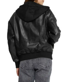 Women's Black Hooded Leather Bomber Jacket Back