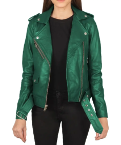 Women's Emerald Green Leather Biker Jacket