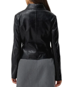 Womens Shirt Collar Black Leather Jacket Back