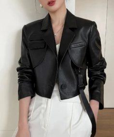 Women's Slim Fit Cropped Black Sheepskin Leather Jacket