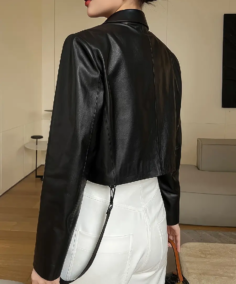 Women's Slim Fit Cropped Black Sheepskin Leather Jacket Back