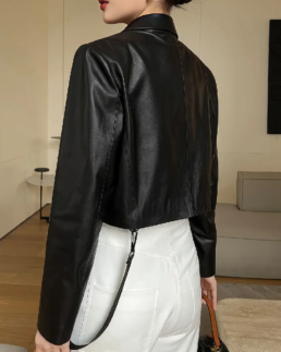 Women's Slim Fit Cropped Black Sheepskin Leather Jacket Back