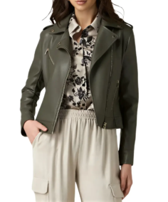 Anna Army Green Leather Biker Jacket