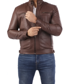 Casual Brown Signature Diamond Lambskin Leather Jacket