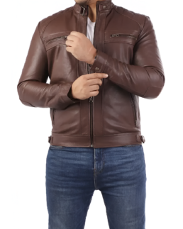 Casual Brown Signature Diamond Lambskin Leather Jacket