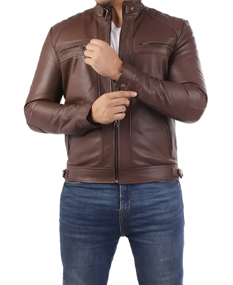 Casual Brown Signature Diamond Lambskin Leather Jacket
