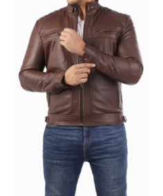 Casual Brown Signature Diamond Lambskin Leather Jacket Front