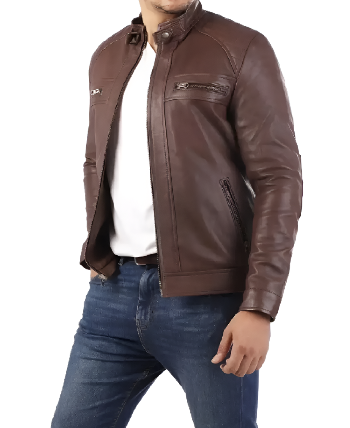 Casual Brown Signature Diamond Lambskin Leather Jacket Side View