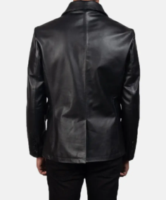 Men Solid Black Leather Peacoat