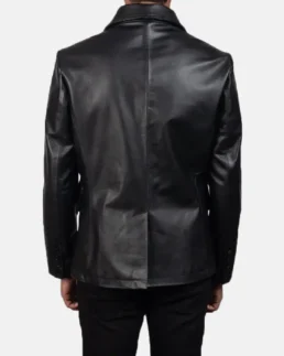 Men Solid Black Leather Peacoat