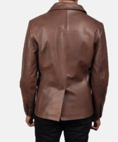 Men Solid Brown Leather Peacoat