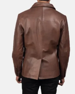 Men Solid Brown Leather Peacoat