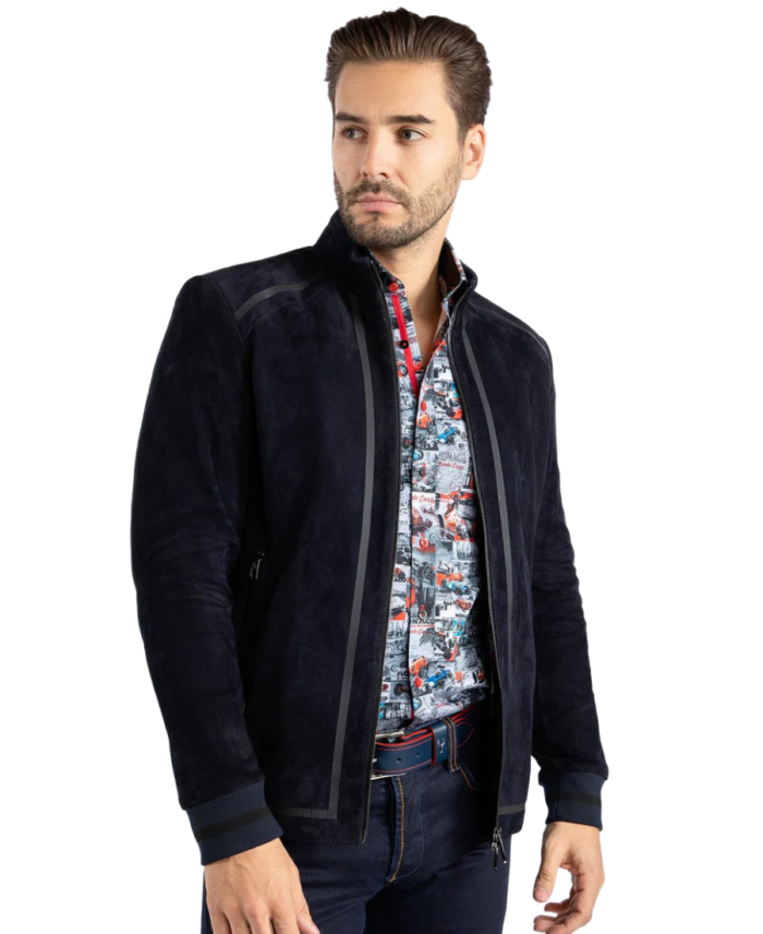 Men Black Cafe Racer Suede Jacket Side - Trendy Leather Jackets