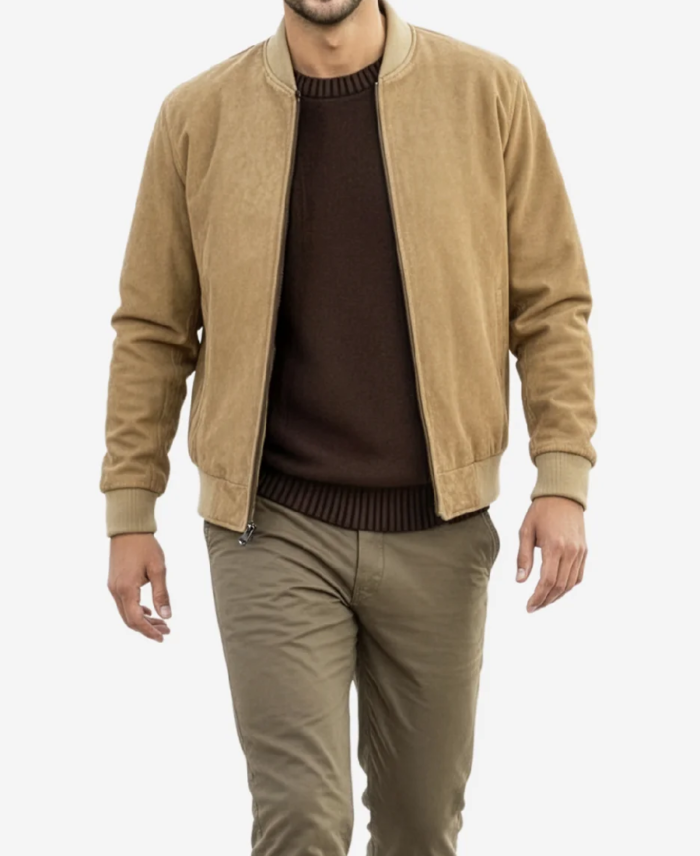 Men Camel Brown Classic Suede Jacket Front Side - Trendy Leather Jackets