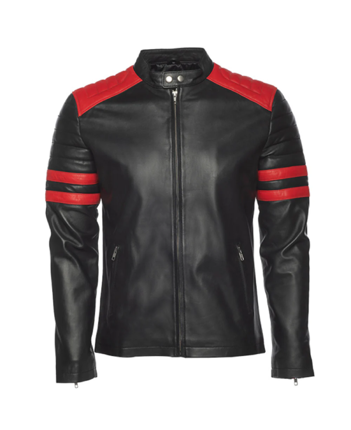 Men Double Arm Stripes Biker Leather Jacket - Trendy Leather Jackets