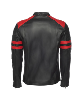 Men Double Arm Stripes Biker Leather Jacket Back