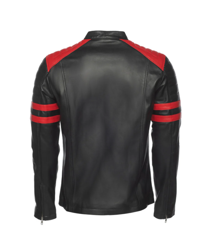 Men Double Arm Stripes Biker Leather Jacket Back