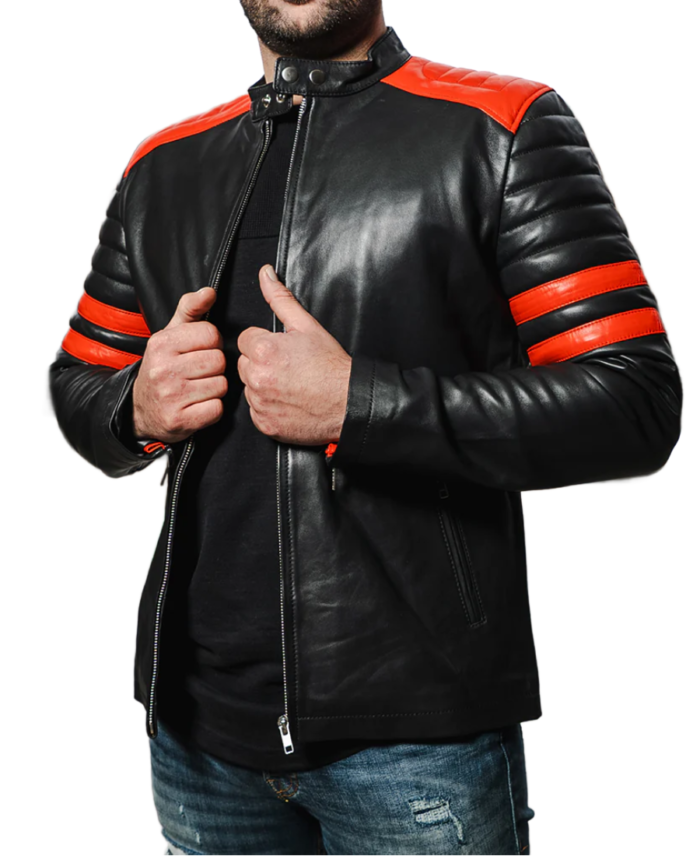 Men Double Arm Stripes Biker Leather Jacket Front