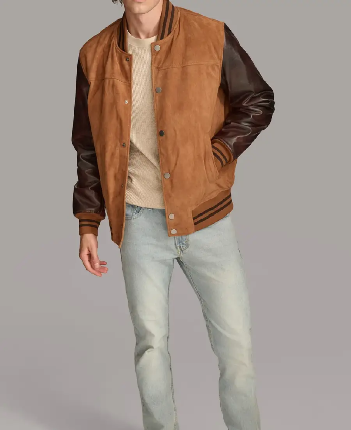 Men's Camel Brown Varsity Jacket Front