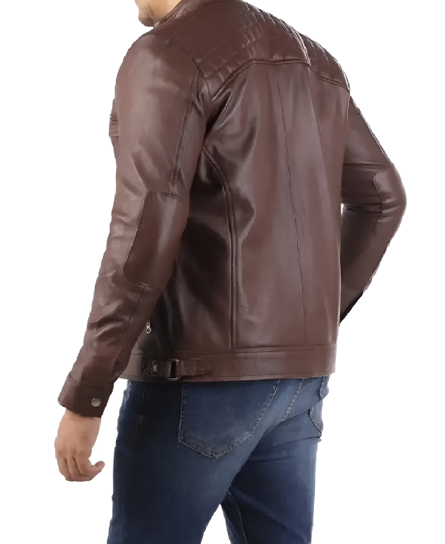 Shop The Casual Brown Signature Diamond Lambskin Leather Jacket Back