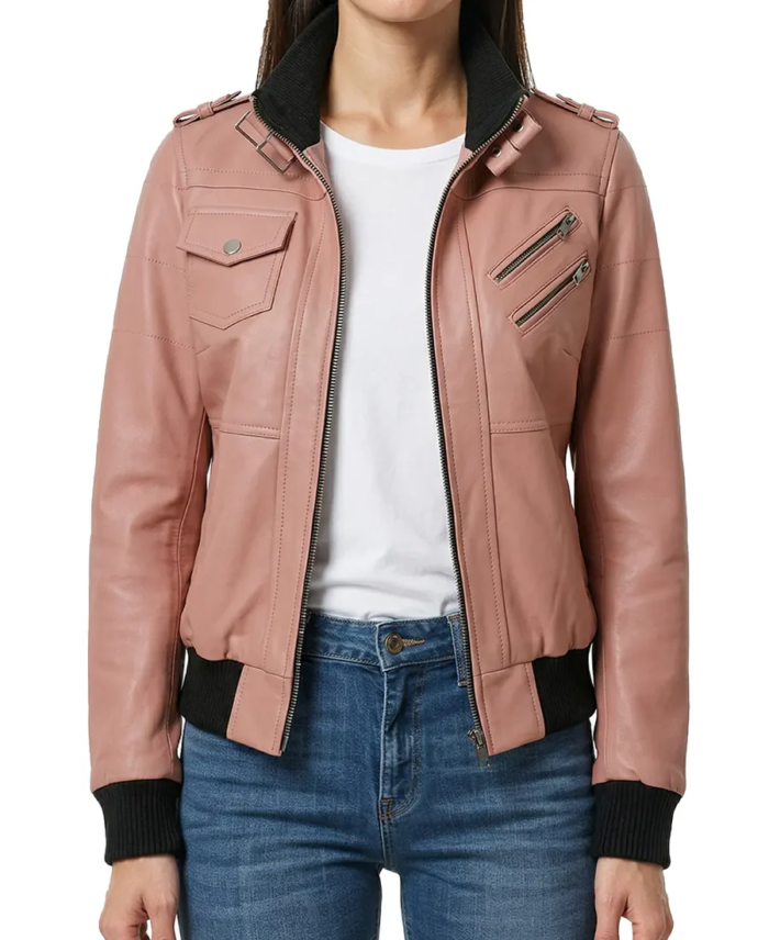 Shop The Women Edinburgh Pink Leather Bomber Jacket - Trendy Leather Jackets