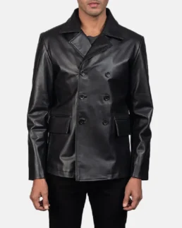 Men Solid Black Leather Peacoat