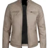 Men Beige Quilted Cafe Racer Leather Jacket
