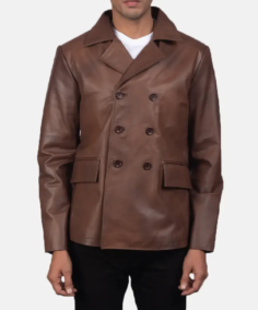 Men Solid Brown Leather Peacoat