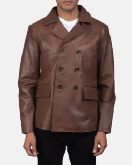Men Solid Brown Leather Peacoat