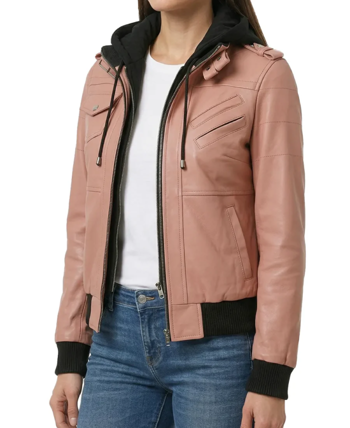 Women Edinburgh Pink Leather Bomber Jacket Side - Trendy Leather Jackets