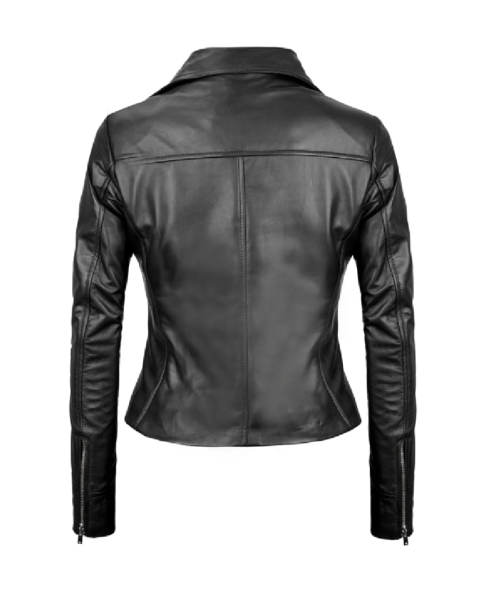 Women’s Black Asymmetrical Biker Style Leather Jacket Back - Trendy Leather Jackets