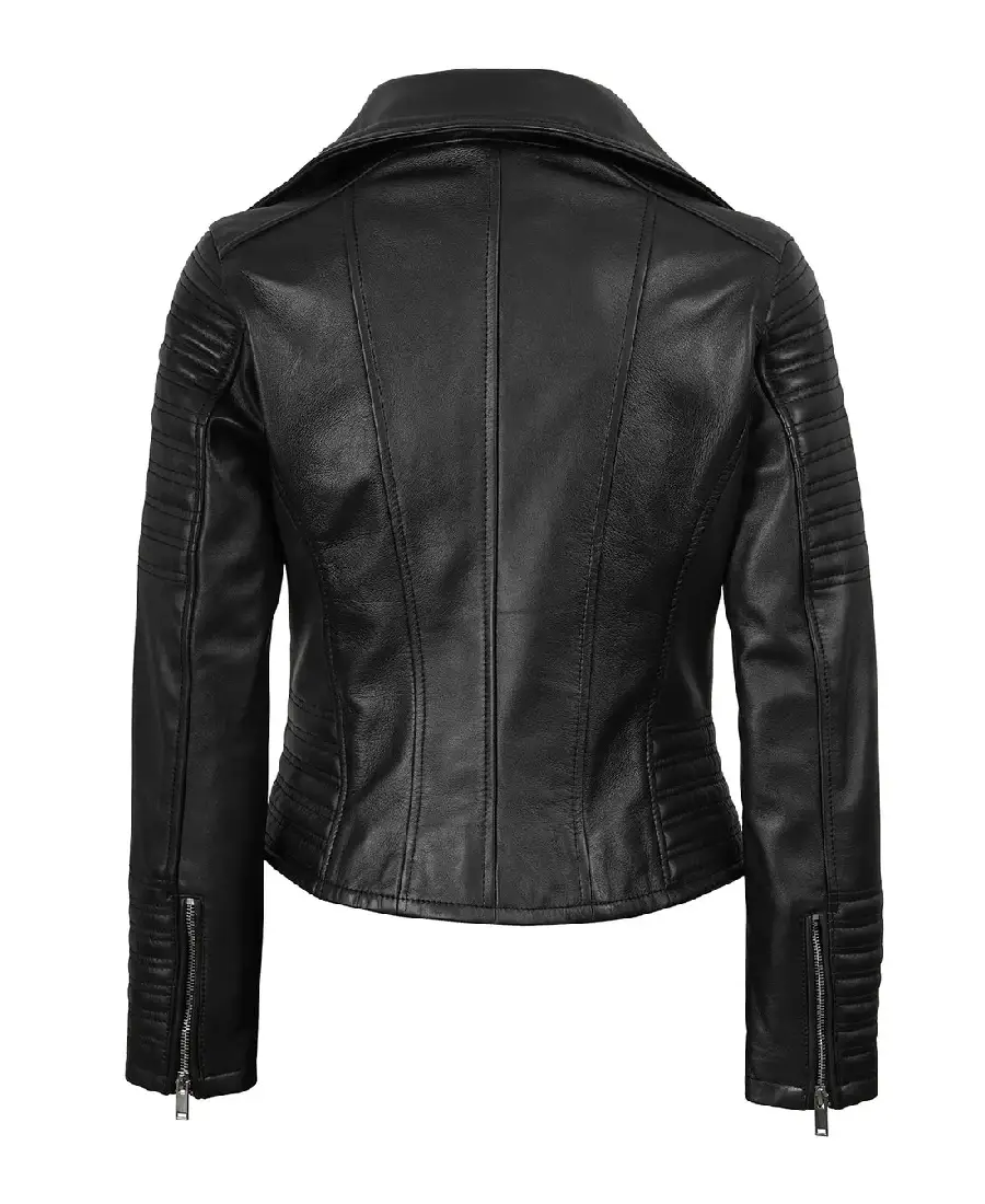 Women’s Black Asymmetrical Biker Style Leather Jacket Back - Trendy Leather Jackets