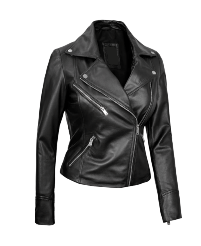 Women’s Black Asymmetrical Biker Style Leather Jacket Side - Trendy Leather Jackets