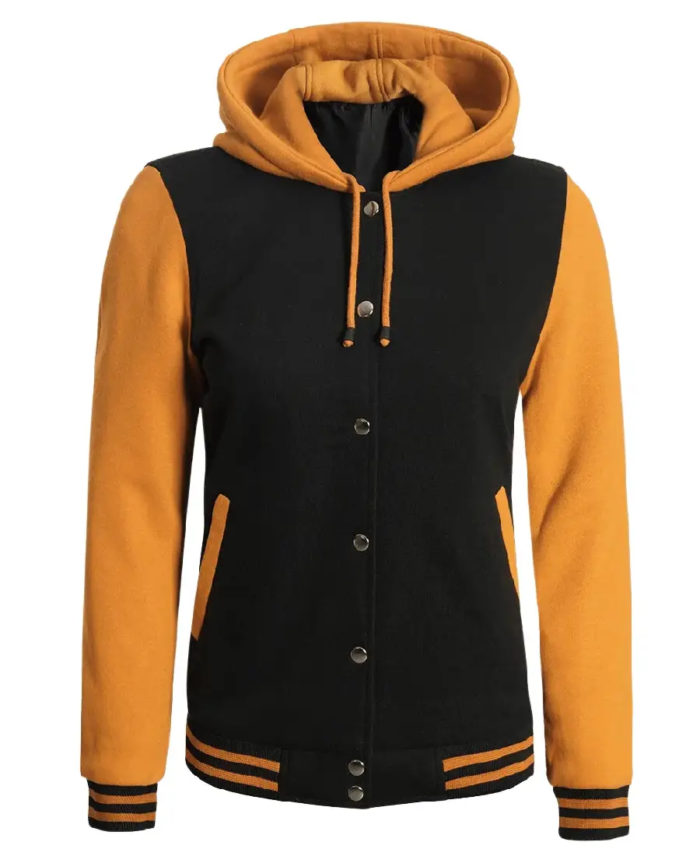 Womens Black and Yellow Varsity Jacket Front