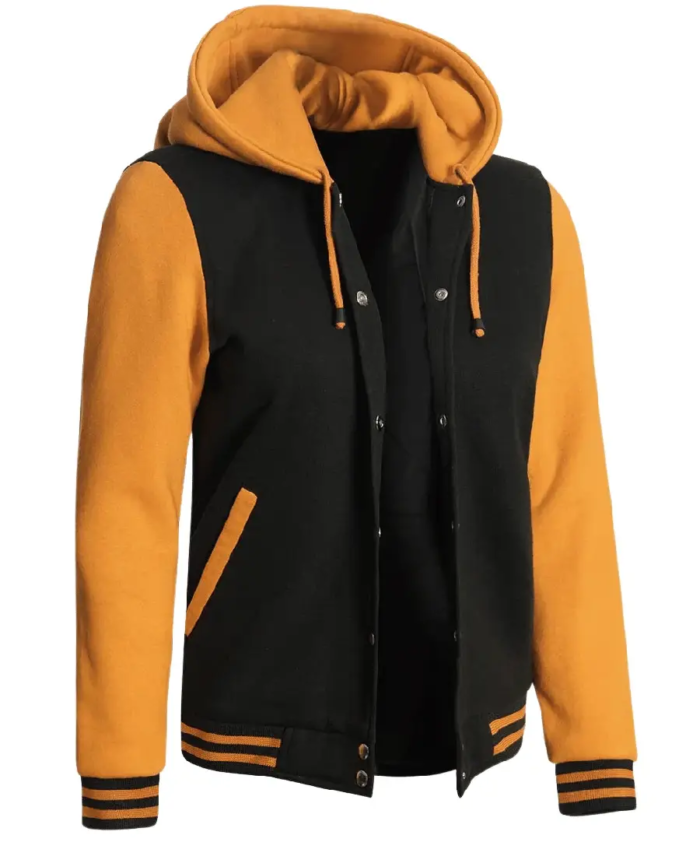Womens Black and Yellow Varsity Jacket Side