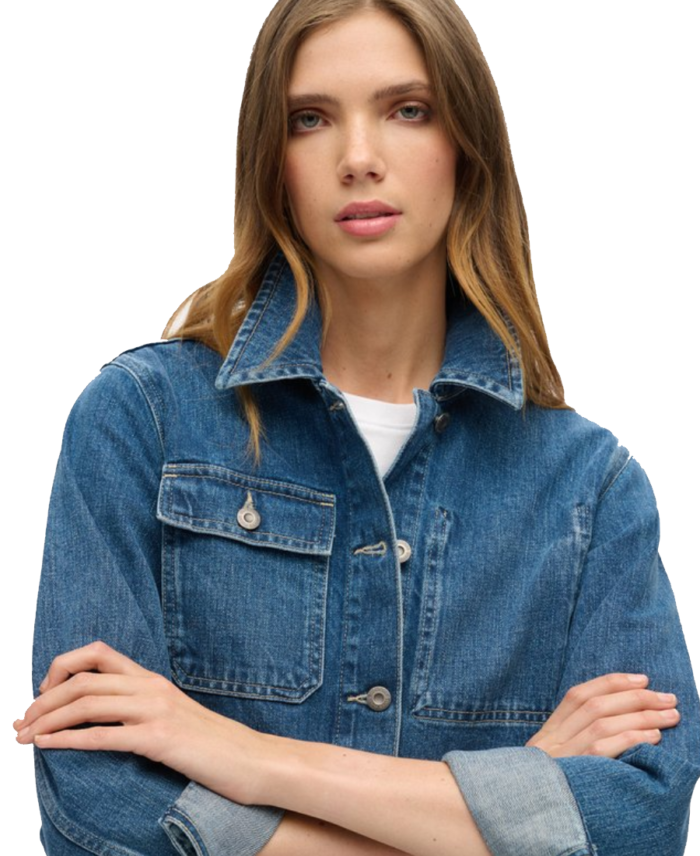 Women's Blue Denim Chore Jacket Closeup - Trendy Leather Jackets