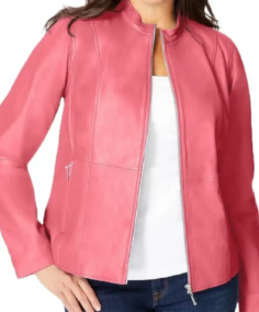 Women's Front Pink Zip Leather Jacket