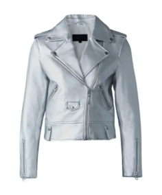 Women Silver Leather Biker Jacket