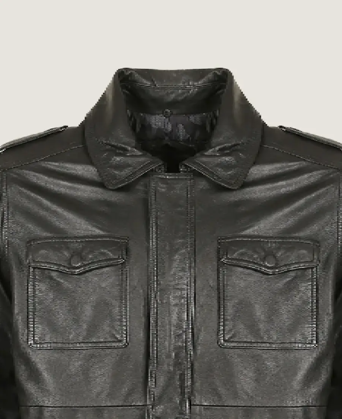 Men Black Pilot Bomber Leather Jacket Collar